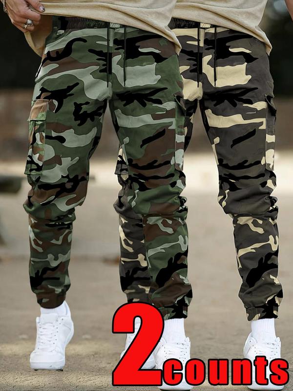 Men's Camo Print Patched Drawstring Waist Cargo Pants, Regular Fit Casual Pocket Trousers for Daily Outdoor Wear, Men's Bottoms for All Seasons