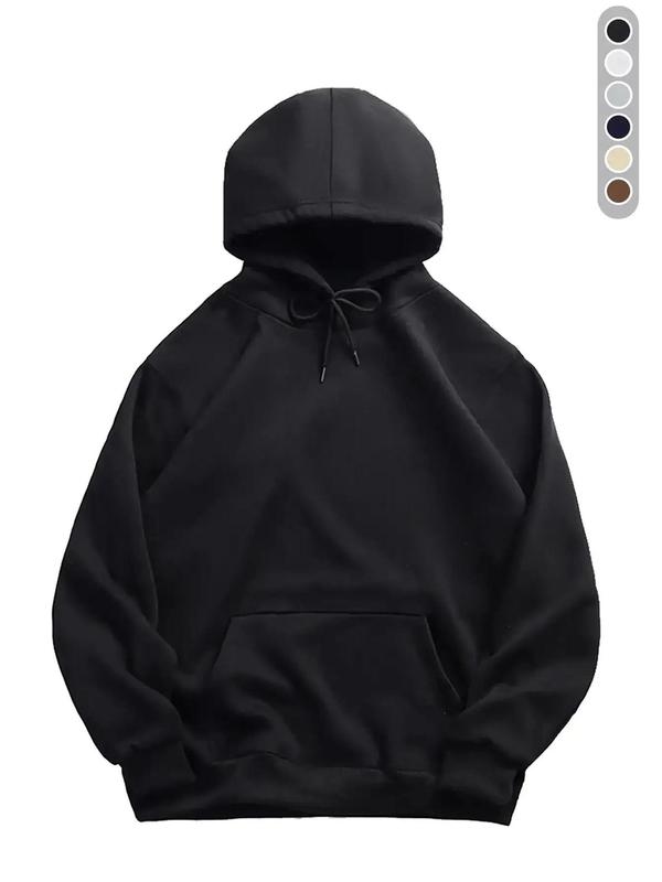 Men's Thermal Lined Solid Drop Shoulder Drawstring Hoodie, Loose Casual Pocket Long Sleeve Hooded Sweatshirt for Spring & Fall, Pullover Essentials Hoodies, Fashion Men's Clothes for Daily Wear Essentials Hoodie Poser Hoodie