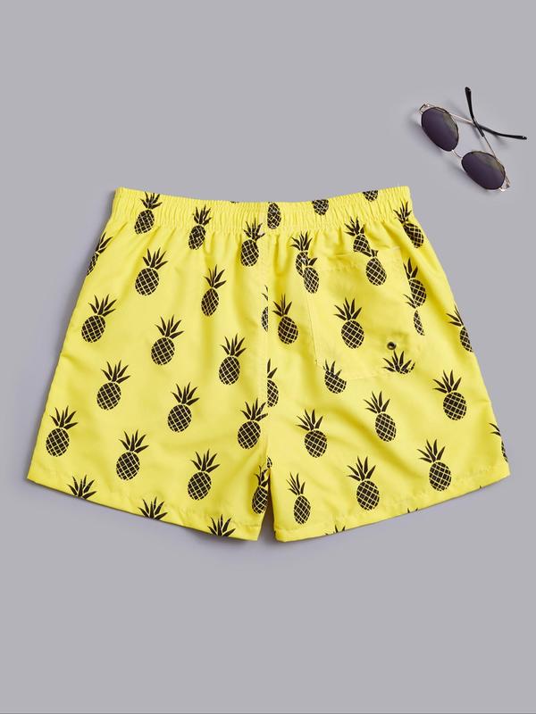 Men's Pineapple Print Grommet Eyelet Drawstring Shorts, Shorts for Men, Regular Fit Casual Elastic Waist Pocket Beach Vacation Shorts, Shorts for The Summer, Summer Woven Bottoms for Men, Menswear