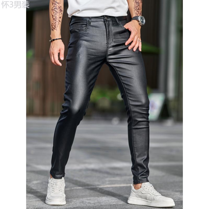 Men's Casual High Stretch Jeans, Chic Street Style Coated Skinny Jeans Fabric Menswear