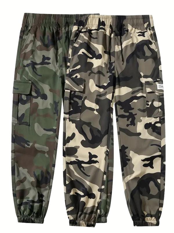 Men's Camo Print Patched Drawstring Waist Cargo Pants, Regular Fit Casual Pocket Trousers for Daily Outdoor Wear, Men's Bottoms for All Seasons