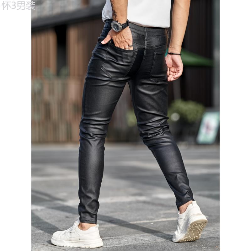 Men's Casual High Stretch Jeans, Chic Street Style Coated Skinny Jeans Fabric Menswear