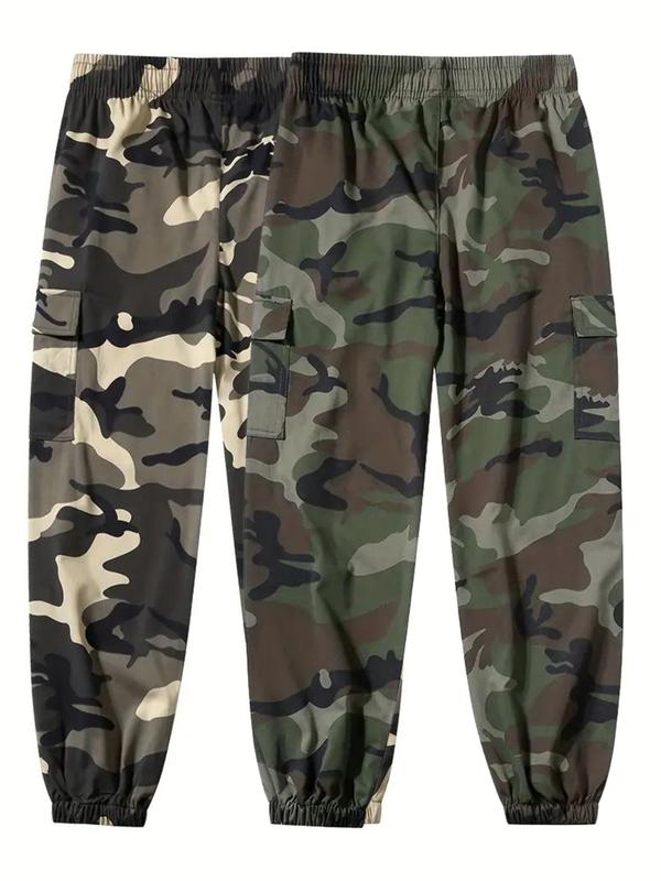 Men's Camo Print Patched Drawstring Waist Cargo Pants, Regular Fit Casual Pocket Trousers for Daily Outdoor Wear, Men's Bottoms for All Seasons