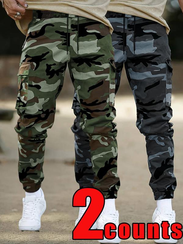 Men's Camo Print Patched Drawstring Waist Cargo Pants, Regular Fit Casual Pocket Trousers for Daily Outdoor Wear, Men's Bottoms for All Seasons