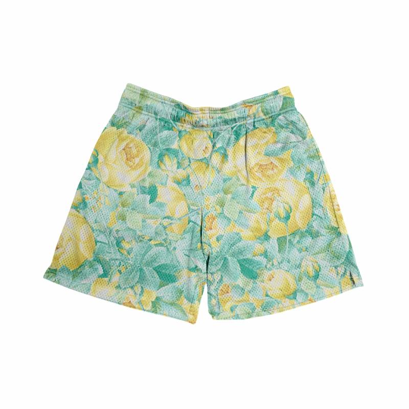 5 Inches Inseam Lemon Color Flowers & Plants Graphic Print Tropical Casual Mesh Chic Fitted Trend Comfy Mid Waist Shorts For Boys & Girls, Breathable & Versatile for Basketball, Golf, Beach, Gym, Running - Streetwear & Unisex Style Workout Summer Clothing