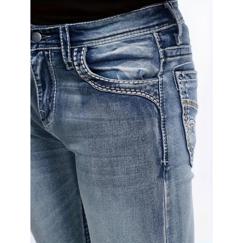 Men's Classic Stretch Denim Jeans With Embroidered Design, Regular Fit Four-Season Wear With Pockets, Suitable For Adults Menswear  Fabric Trouser