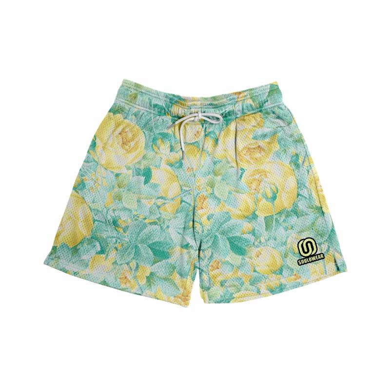 5 Inches Inseam Lemon Color Flowers & Plants Graphic Print Tropical Casual Mesh Chic Fitted Trend Comfy Mid Waist Shorts For Boys & Girls, Breathable & Versatile for Basketball, Golf, Beach, Gym, Running - Streetwear & Unisex Style Workout Summer Clothing