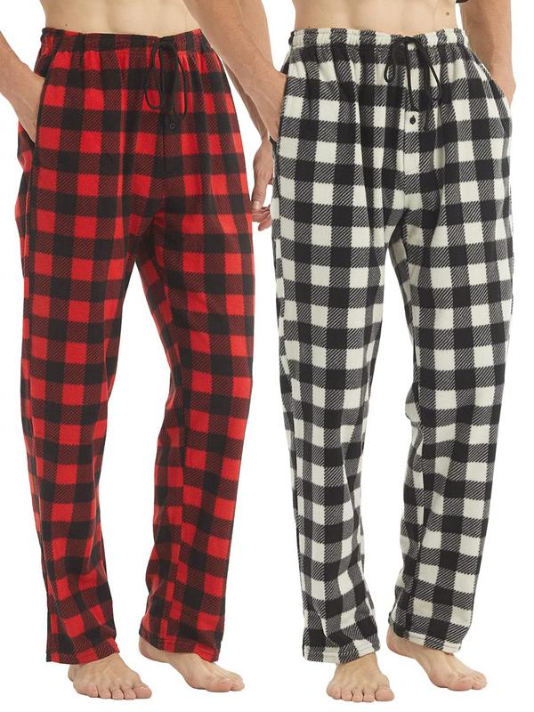 Men's Gingham Print Drawstring Waist Sleep Pants, Casual Comfy Button Front Sleep Bottoms For All Seasons, Soft Pajama Pants For Men