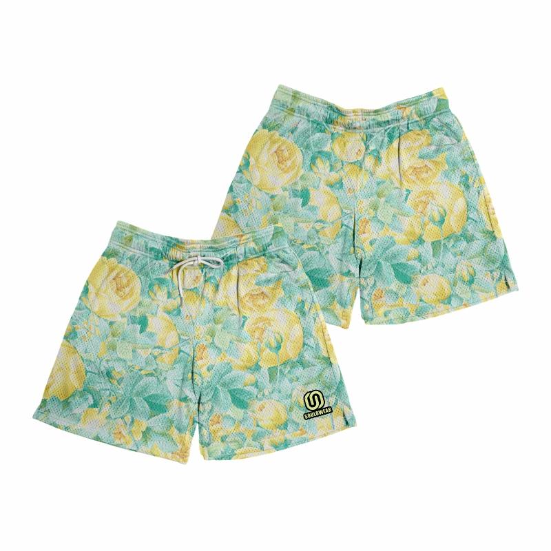 5 Inches Inseam Lemon Color Flowers & Plants Graphic Print Tropical Casual Mesh Chic Fitted Trend Comfy Mid Waist Shorts For Boys & Girls, Breathable & Versatile for Basketball, Golf, Beach, Gym, Running - Streetwear & Unisex Style Workout Summer Clothing