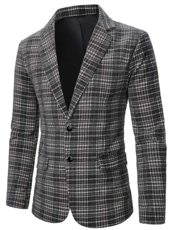 Men's Plaid Print Button Front Suit Jacket, Regular Fit Casual Long Sleeve Lapel Neckline Blazer for Work Office Business, Men's Clothing for Fall & Winter