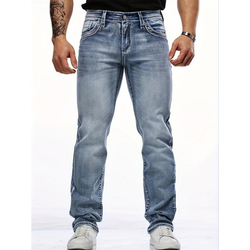 Men's Classic Stretch Denim Jeans With Embroidered Design, Regular Fit Four-Season Wear With Pockets, Suitable For Adults Menswear  Fabric Trouser