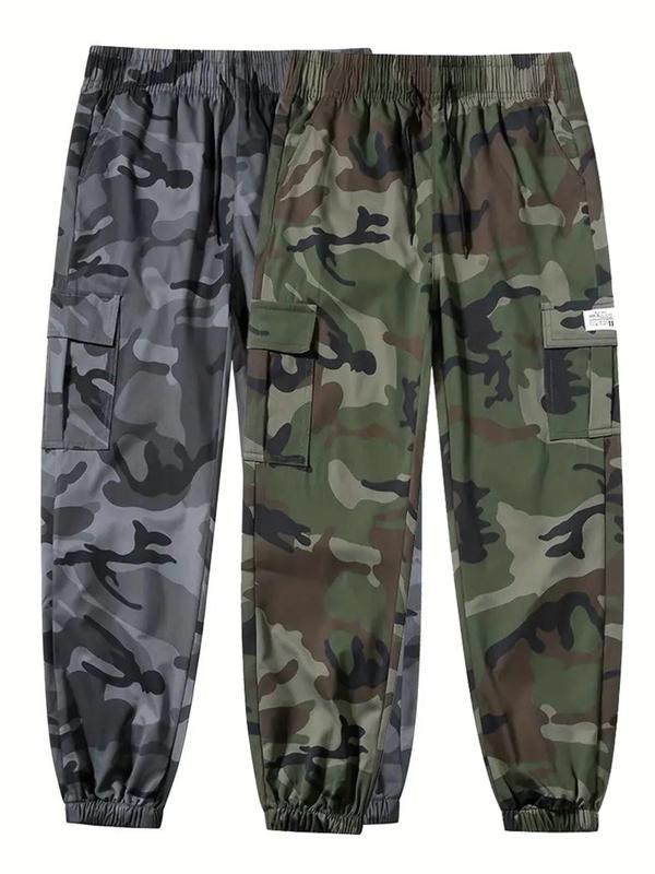 Men's Camo Print Patched Drawstring Waist Cargo Pants, Regular Fit Casual Pocket Trousers for Daily Outdoor Wear, Men's Bottoms for All Seasons