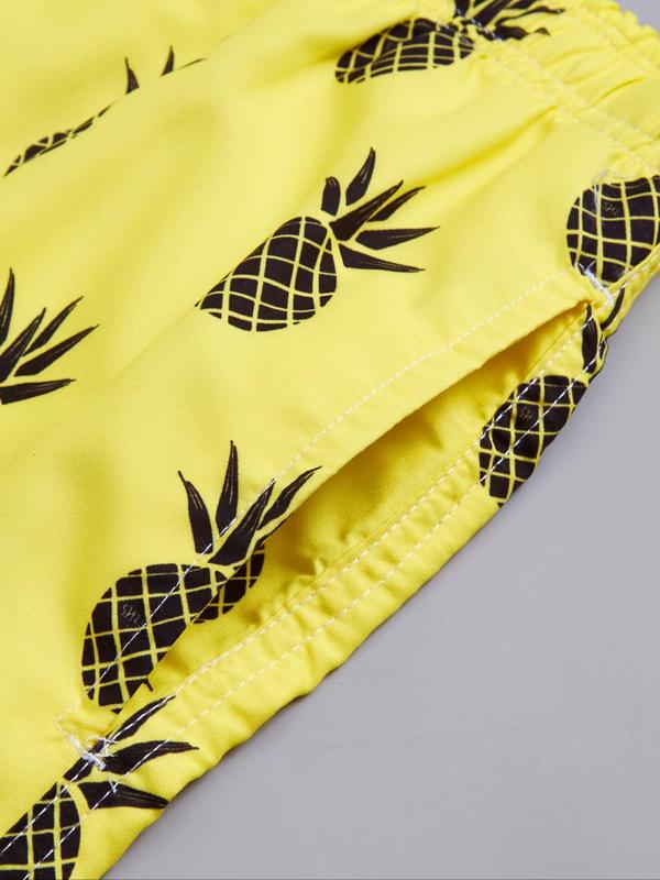 Men's Pineapple Print Grommet Eyelet Drawstring Shorts, Shorts for Men, Regular Fit Casual Elastic Waist Pocket Beach Vacation Shorts, Shorts for The Summer, Summer Woven Bottoms for Men, Menswear