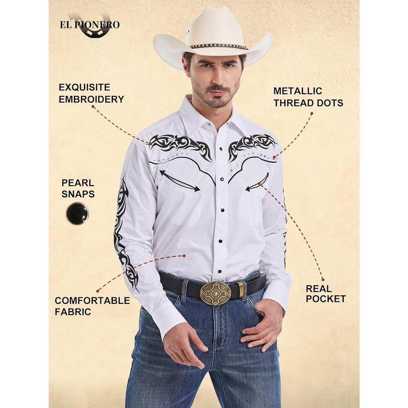 Men's Western Cowboy Shirt Embroidered Shirt Long Sleeve Casual Snap Button Shirt