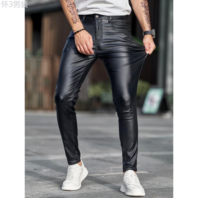 Men's Casual High Stretch Jeans, Chic Street Style Coated Skinny Jeans Fabric Menswear