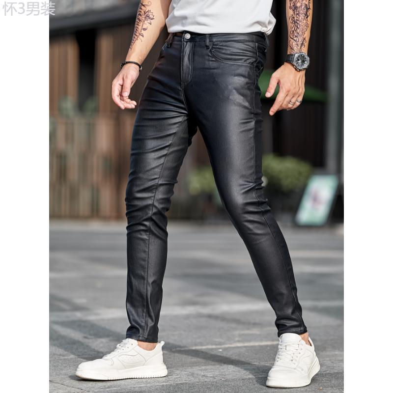 Men's Casual High Stretch Jeans, Chic Street Style Coated Skinny Jeans Fabric Menswear