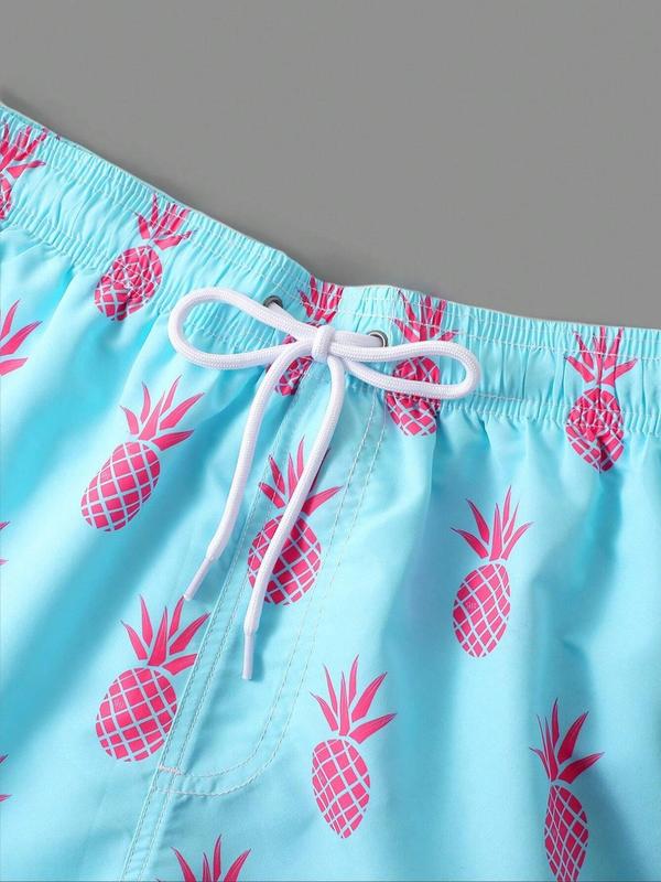 Men's Pineapple Print Grommet Eyelet Drawstring Shorts, Shorts for Men, Regular Fit Casual Elastic Waist Pocket Beach Vacation Shorts, Shorts for The Summer, Summer Woven Bottoms for Men, Menswear