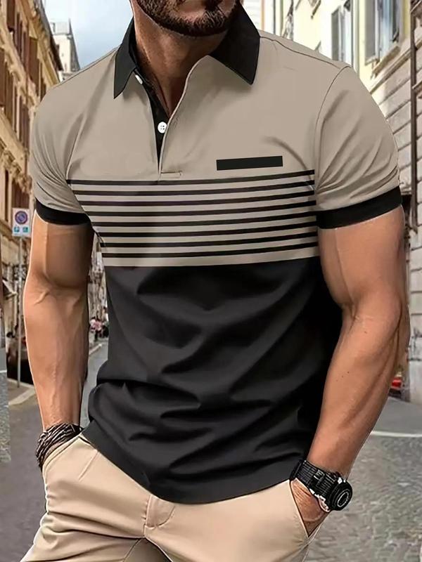 Men's Striped Print Polo Shirt, Regular Fit Casual Shortsleeve Button Front Top, Stylish Summer Clothes, Streetwear, Fashion Menswear Clothes for Daily Wear