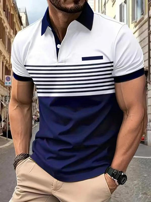 Men's Striped Print Polo Shirt, Regular Fit Casual Shortsleeve Button Front Top, Stylish Summer Clothes, Streetwear, Fashion Menswear Clothes for Daily Wear