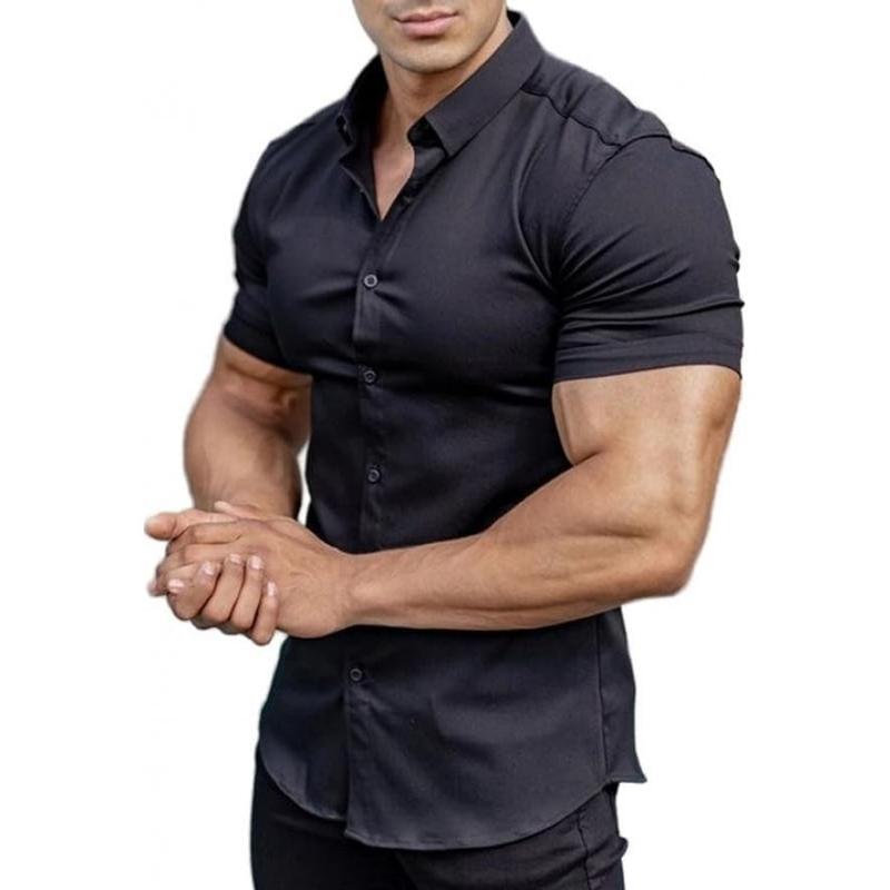 Men's muscle fit dress shirts athletic slim fit short sleeve stretch casual button down shirt