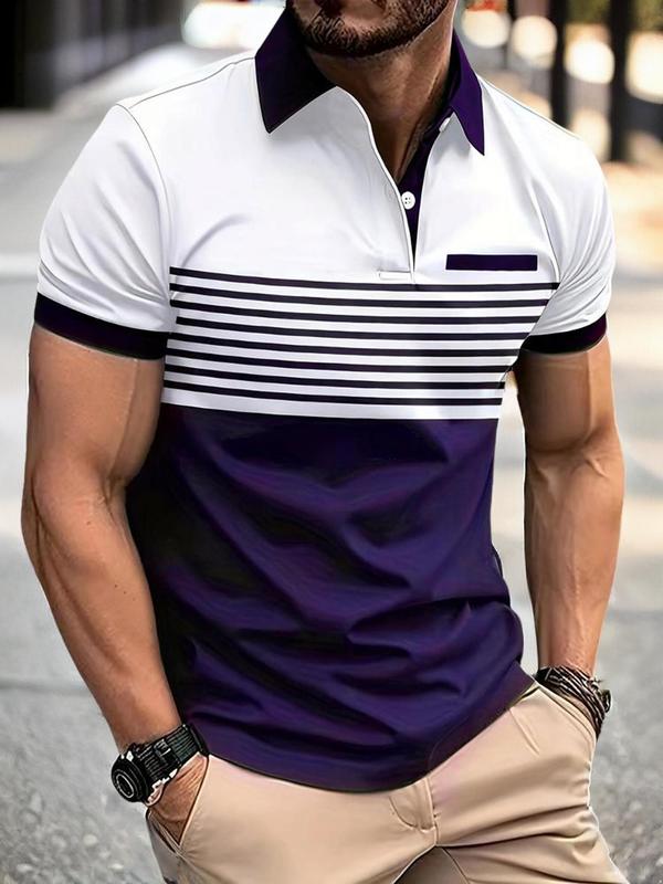 Men's Striped Print Polo Shirt, Regular Fit Casual Shortsleeve Button Front Top, Stylish Summer Clothes, Streetwear, Fashion Menswear Clothes for Daily Wear