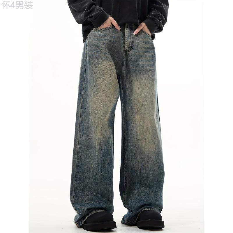 Men's Fashion Loose Fit Wide Leg Jeans, Casual Street Style Denim Pants For Casual Daily Wear, Fluid Pants Menswear Long