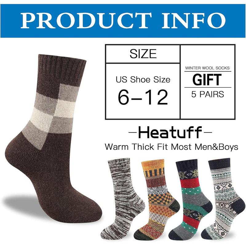 Mens Thick Wool Socks Thermal Warm Winter Crew Socks 5 Pairs Multicolors