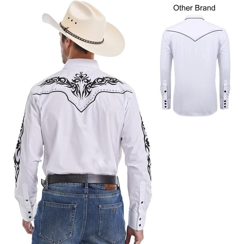 Men's Western Cowboy Shirt Embroidered Shirt Long Sleeve Casual Snap Button Shirt