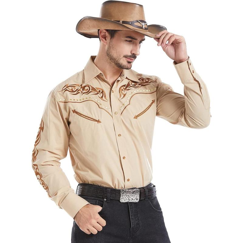 Men's Western Cowboy Shirt Embroidered Shirt Long Sleeve Casual Snap Button Shirt