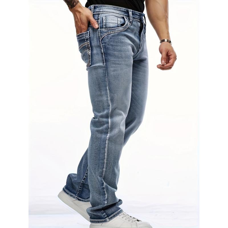 Men's Classic Stretch Denim Jeans With Embroidered Design, Regular Fit Four-Season Wear With Pockets, Suitable For Adults Menswear  Fabric Trouser