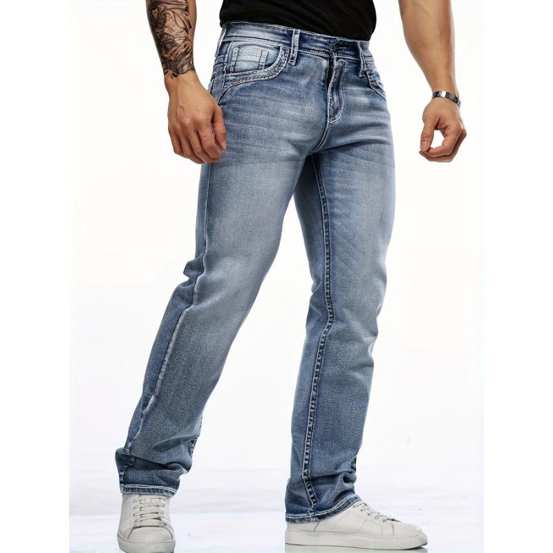 Men's Classic Stretch Denim Jeans With Embroidered Design, Regular Fit Four-Season Wear With Pockets, Suitable For Adults Menswear  Fabric Trouser