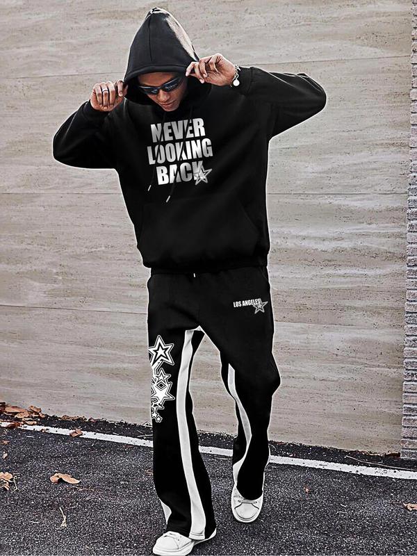 Men's Letter Print Drop Shoulder Hoodie & Colorblock Flare Leg Pants Two-piece Set, Casual Fashion Cozy Drawstring Pocket Hooded Sweatshirt & Trousers for Daily Outdoor Wear, Men's Outfits for Fall & Winter