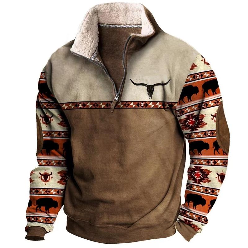 Cowboy Bull Head Print Men's Western Fleece Jacket with 1 4 Zip, Stand Collar, and Long Sleeves