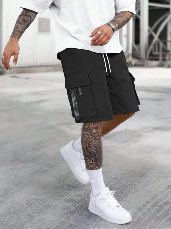 Men's Solid Drawstring Waist Cargo Shorts, Summer Outfits, Street Fashion Casual Streetwear Loose Pocket Straight Leg Shorts for Daily Outdoor Wear Back To School, Mens Bottoms for Summer