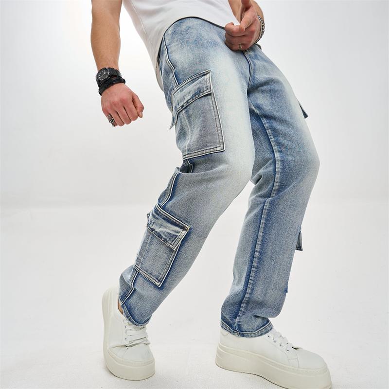 Streetwear Men Stylish Multiple pockets Cargo Jeans Male Loose Carpenter Motorcycle Straight Denim Pants Menswear Underwear Trouser Human Beige Plain