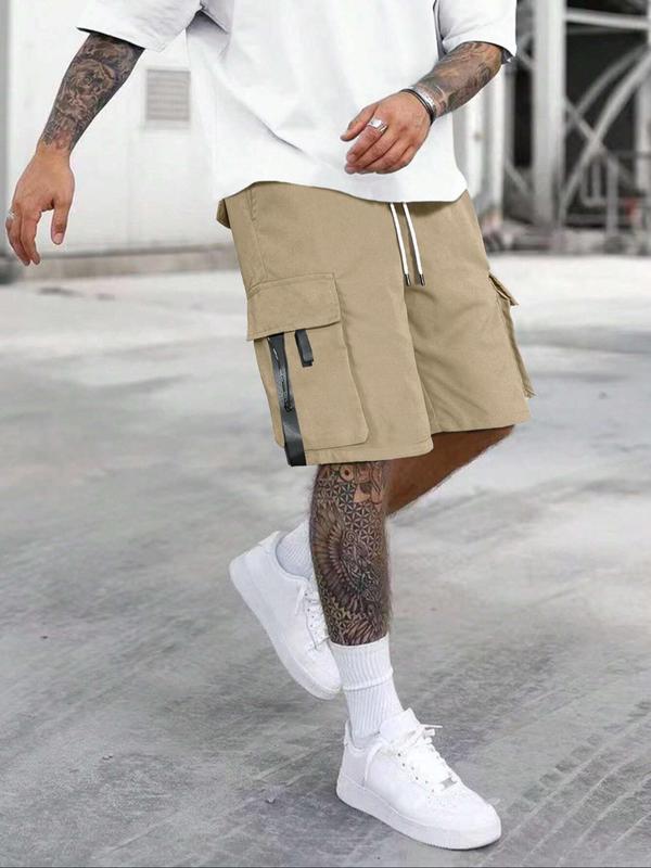 Men's Solid Drawstring Waist Cargo Shorts, Summer Outfits, Street Fashion Casual Streetwear Loose Pocket Straight Leg Shorts for Daily Outdoor Wear Back To School, Mens Bottoms for Summer