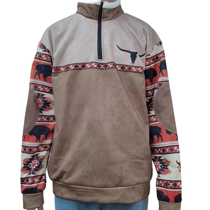 Cowboy Bull Head Print Men's Western Fleece Jacket with 1 4 Zip, Stand Collar, and Long Sleeves