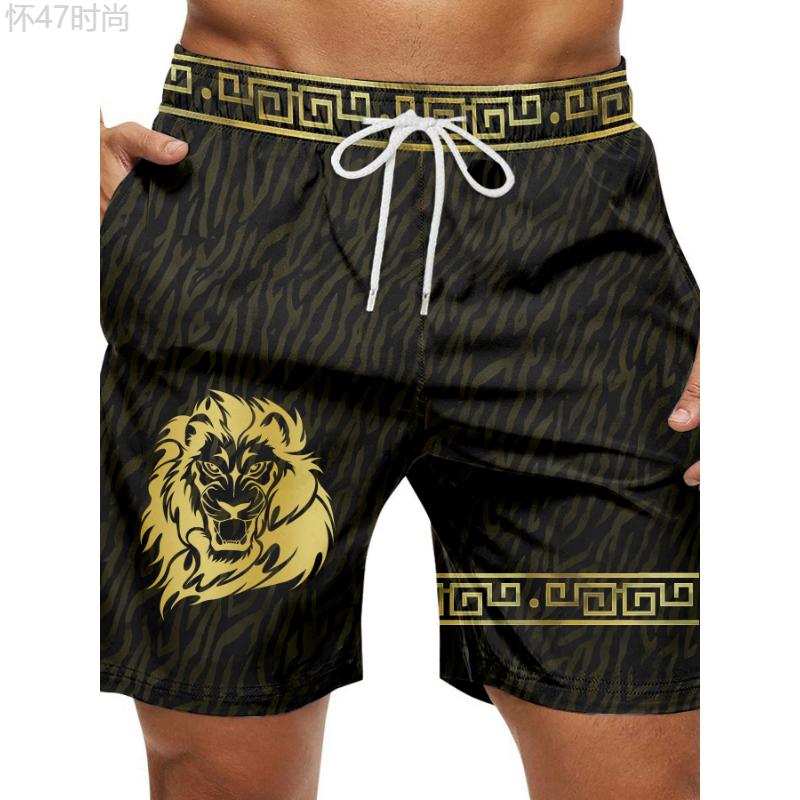 Men's Lion Pattern Shorts With Drawstrings, Casual Trendy With Linings Beach Vacation Swimming Shorts For Summer Outdoors Menswear Spandex