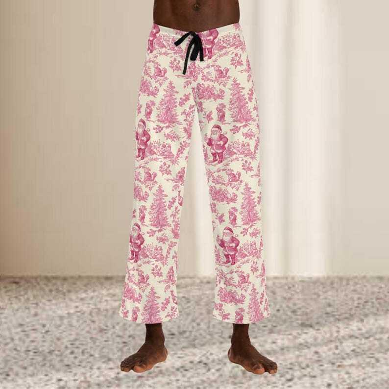 Men's Pink Toile Pajama Pants, Elegant Lounge Wear, Vintage-Inspired Sleepwear for Men, Cozy Relaxed Fit Pants with Toile Print