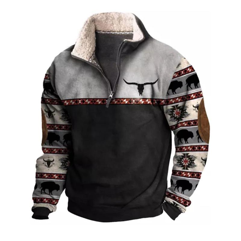 Cowboy Bull Head Print Men's Western Fleece Jacket with 1 4 Zip, Stand Collar, and Long Sleeves