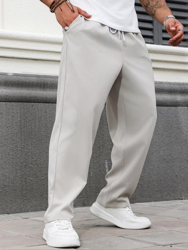  Solid Pocket Drawstring Waist Pants, Regular Fit Casual Comfy Trousers for Daily Wear, Men's Bottoms for All Seasons