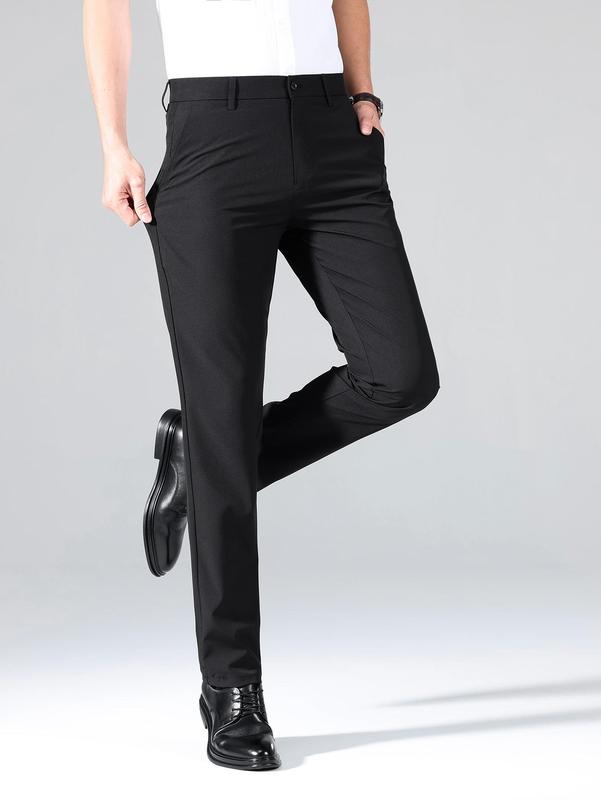 Men's Pocket Button Fly Slim Pants, Solid Color Suit Pants, Slant Pocket Straight Leg Formal Pants, Business Plain Dress Pants for Men