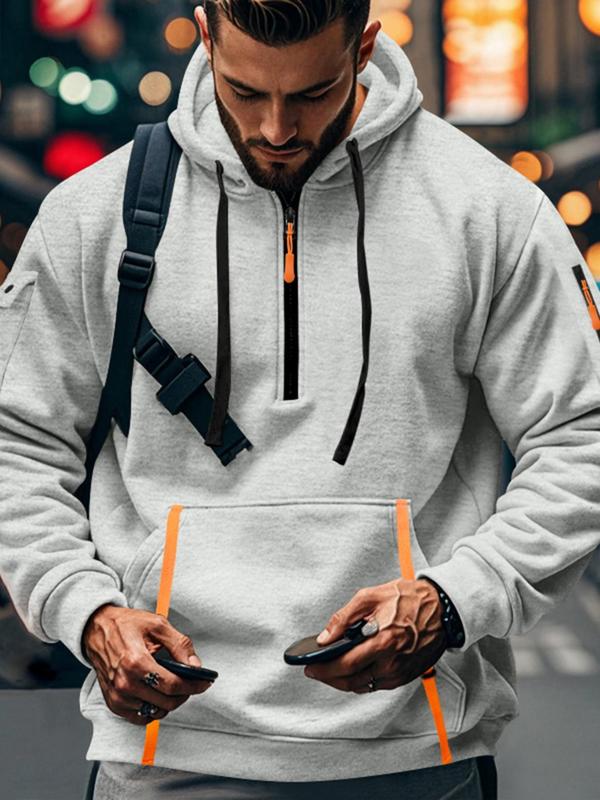 Men's Solid Pocket Zipper Hoodie, Regular Fit Casual Long Sleeve Drawstring Hooded Sweatshirt for Spring & Fall, Fashion Men's Clothes for Daily Wear