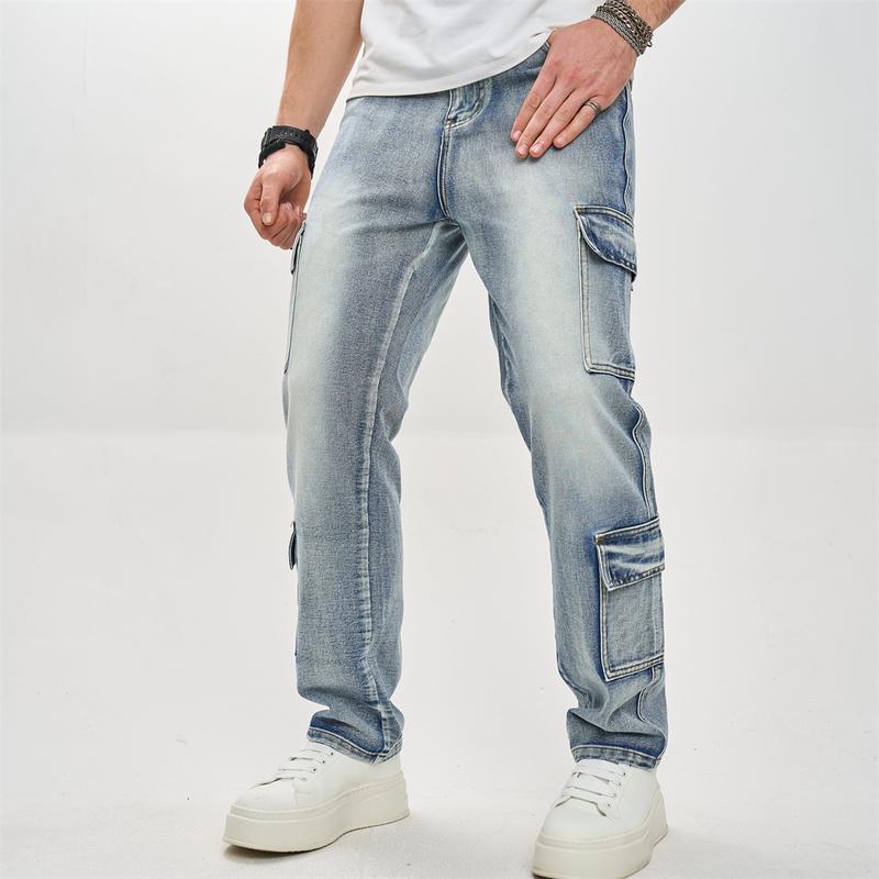 Streetwear Men Stylish Multiple pockets Cargo Jeans Male Loose Carpenter Motorcycle Straight Denim Pants Menswear Underwear Trouser Human Beige Plain