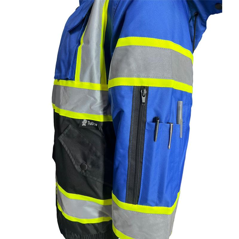 Royal Blue with black bottom Hi Visibility Reflective Safety Bomber Rain Jacket   Blue Safety Jacket with Sherpa Insulation to keep warm in cold weather  (see sizing information on description)