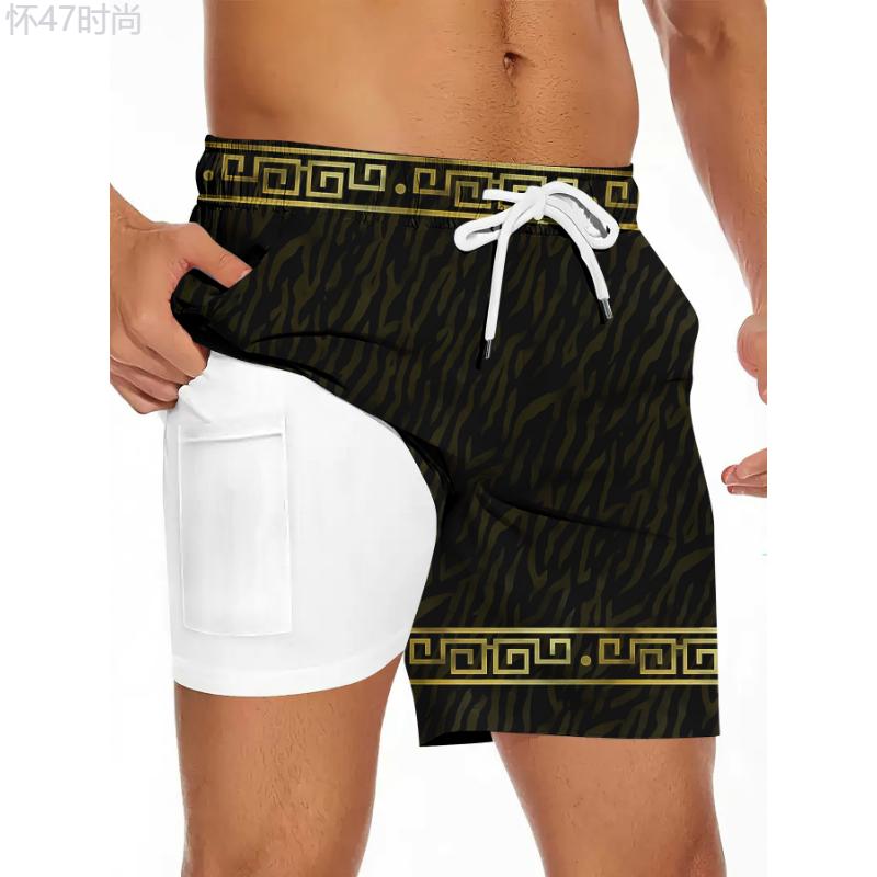 Men's Lion Pattern Shorts With Drawstrings, Casual Trendy With Linings Beach Vacation Swimming Shorts For Summer Outdoors Menswear Spandex