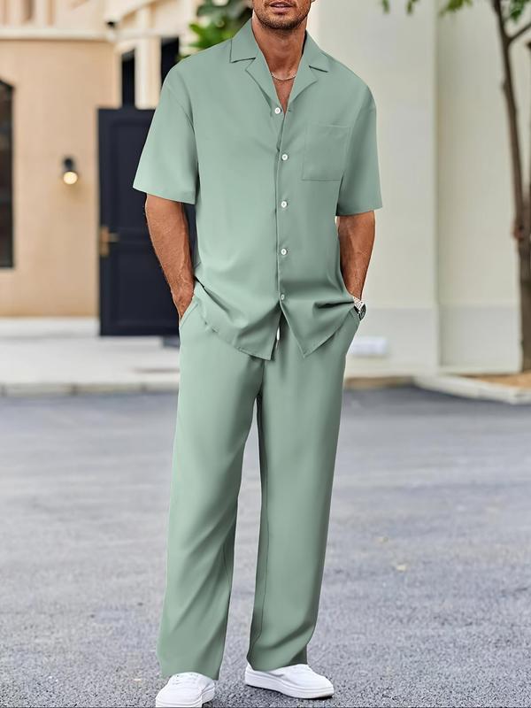 Two-Piece Set Men's Solid Button Front Shirt & Drawstring Waist Straight Leg Pants, Regular Fit Casual Lapel Neck Short Sleeve Top & Pocket Trousers for Daily Wear, Men's Two-piece Outfits for Spring & Fall & Summer