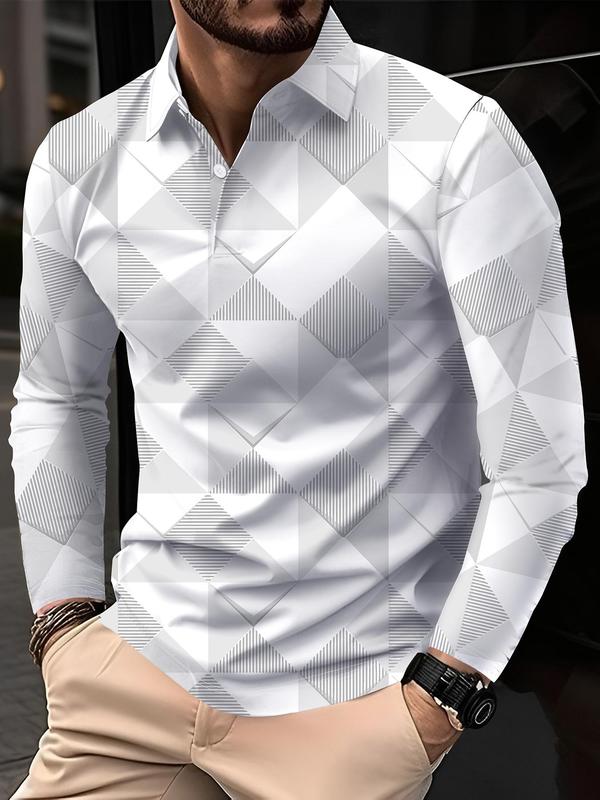 Men's Geometric Print Polo Shirt, Regular Fit Casual Long Sleeve Button Front Top for Fall & Winter, Men's Clothes for Daily Wear