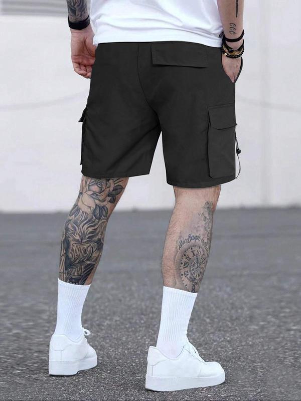 Men's Solid Drawstring Waist Cargo Shorts, Summer Outfits, Street Fashion Casual Streetwear Loose Pocket Straight Leg Shorts for Daily Outdoor Wear Back To School, Mens Bottoms for Summer