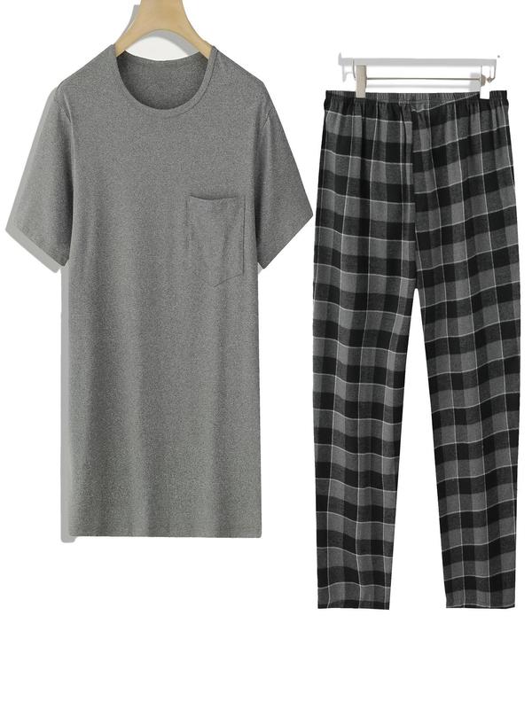 Men's Plaid Print Pocket Tee & Pants Loungewear Two-Piece Set, Regular Fit Casual Comfy Round Neck Short Sleeve T-Shirt & Trousers PJ Set, Men's Sleepwear for Summer